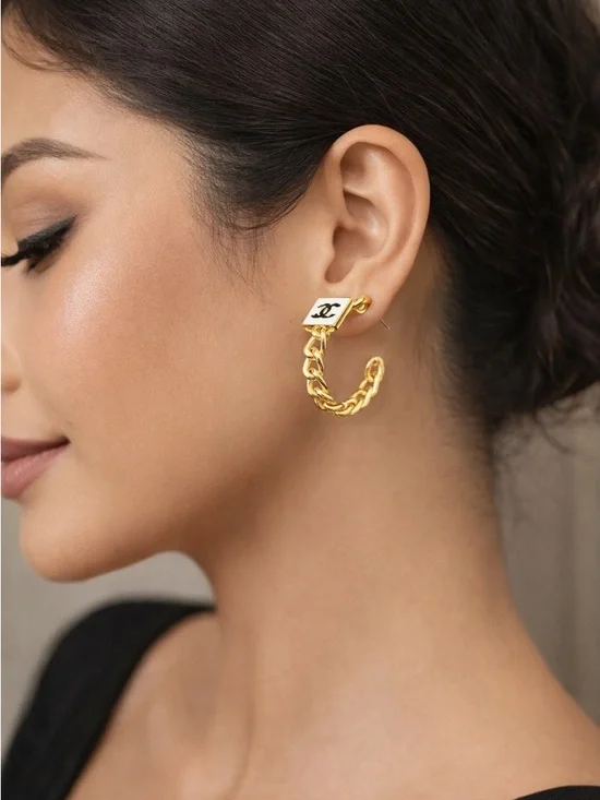 Luxury 18K Gold and White Chain Hoop Earrings with Chanel Logo Plaques - Picture 2 of 7